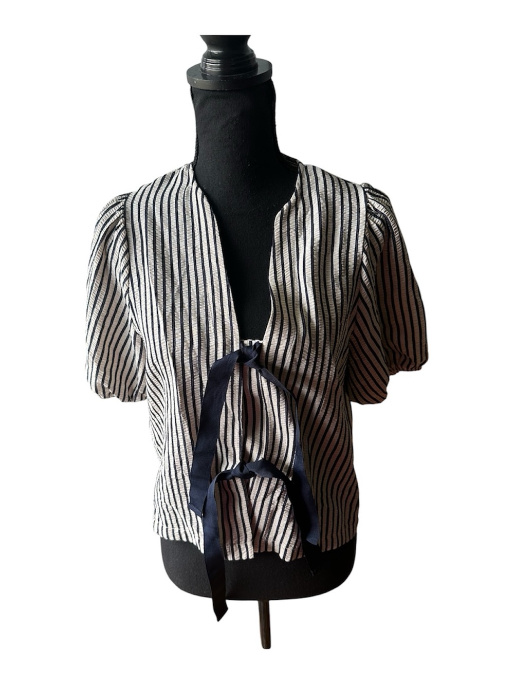 Zara Navy Ecru Stripe Puff Sleeve Tie Front Plunge Blouse Chic Top Size S
